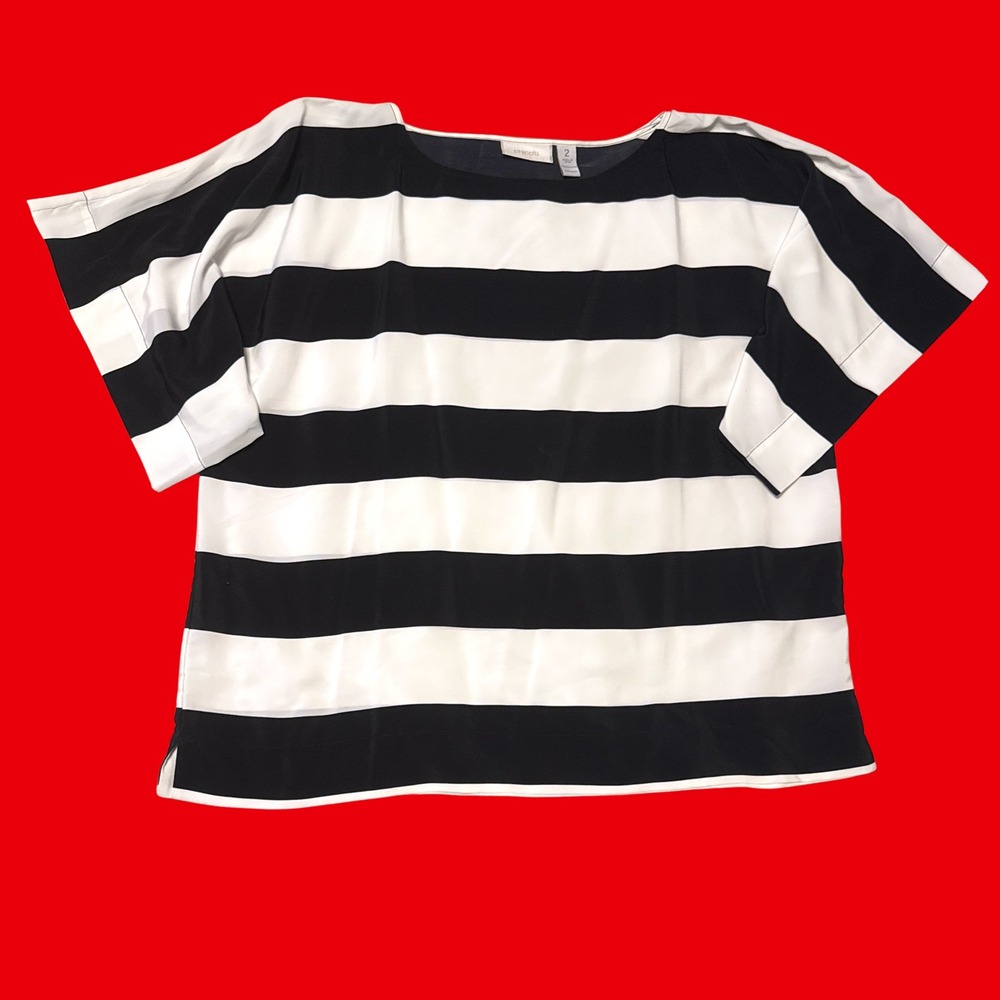 Chicos Black White Striped Boat Neck Blouse Short Sleeve Top Size 2 Large